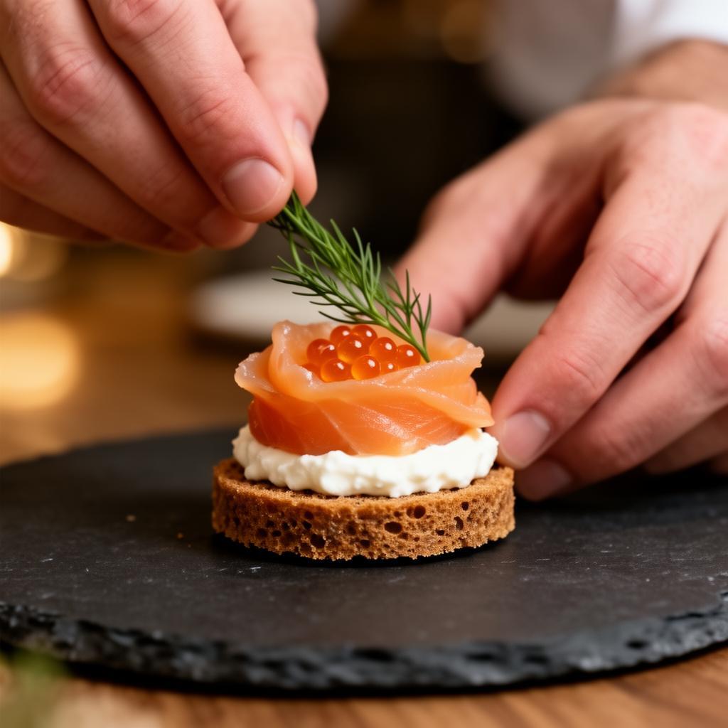 Chef richtet Lachs-Canapé an